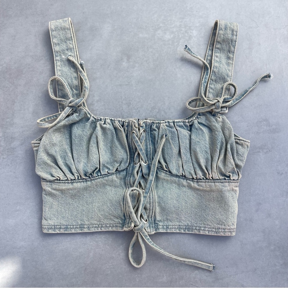 Asyou Denim Lace Up Corset Bustier Crop Top